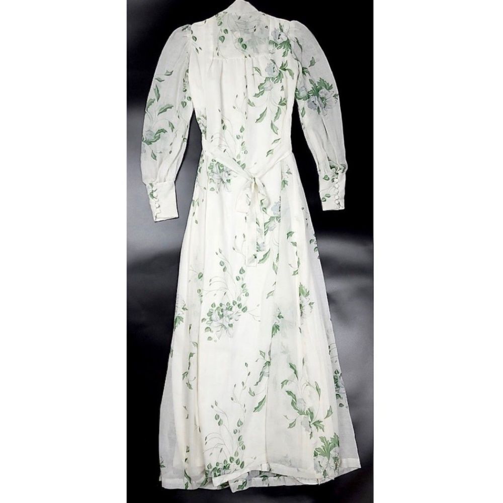 VINTAGE 90s Victorian Cottagecore High Neck Button Down Maxi Dress White Floral - Picture 7 of 11